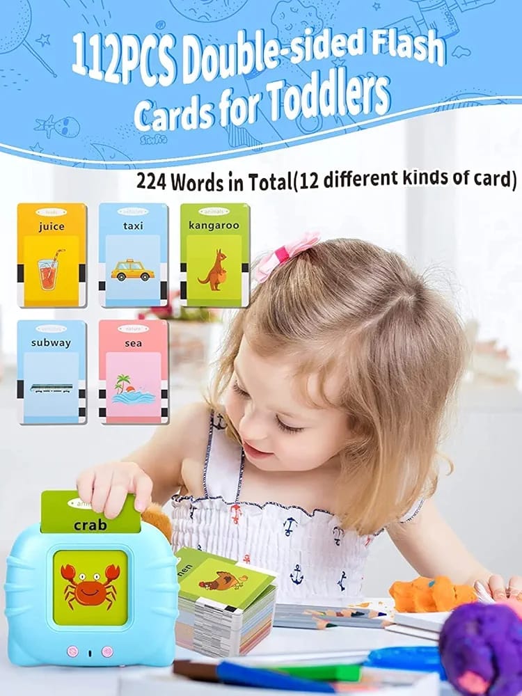 Educational Talking Flash Cards Learning Toys for Kids, 112 Flash Cards with 224 Words, Montessori Learning Device for Kids 2+